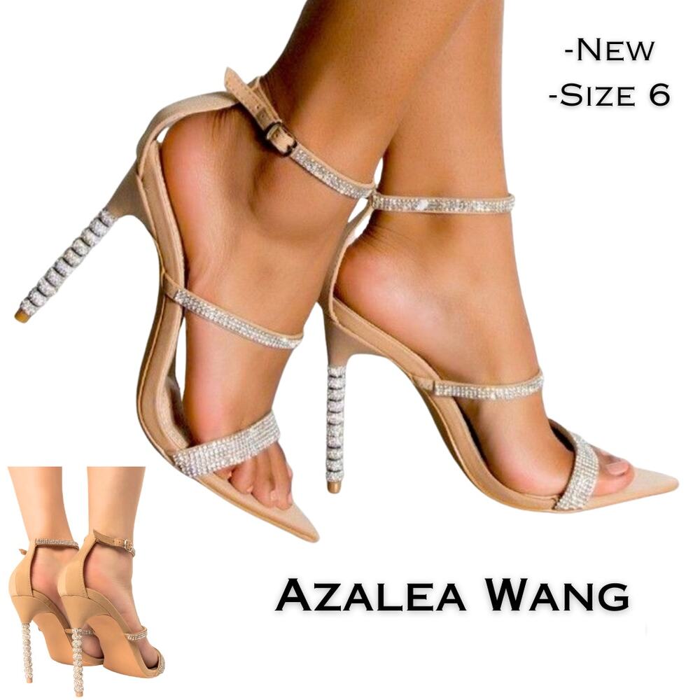 Azalea Wang Galaxy Heels 6 Nude Strappy Rhinestone Wrapped Stiletto Dressy NEW